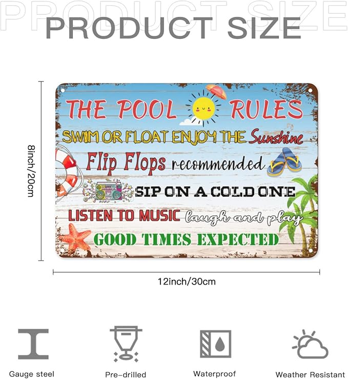 Pool Rules Sign - Hot Tub Sign 12"x 8" Pool Sign For Bundle 4 Pieces Pool Area Decorations Outdoor, Decor Funny For Swimming Pool Rules Gifts Garage Office Craft Room Living Room