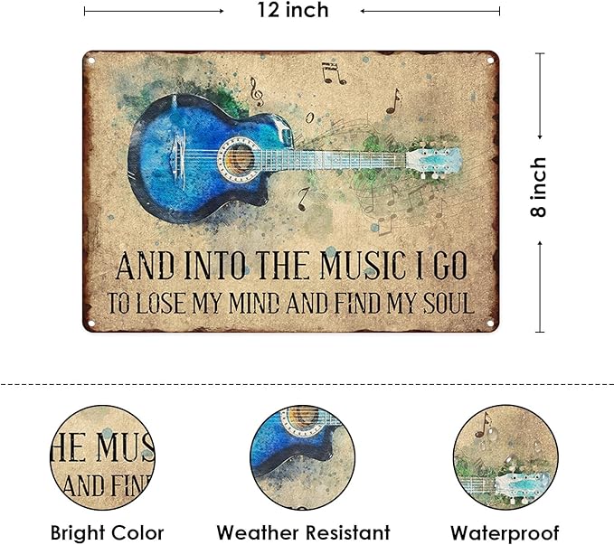 Sanwarm Metal Sign 8X12 Inch, Colorful Blue Guitar Vintage Tin Sign Wall Art Decor for Home, Living Room, Kitchen, Garden, Bedroom, Office, Hotel, Cafe And Pub Decoration