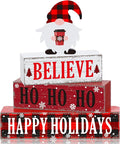 Geelin 4 Pcs Christmas Wooden Table Decorations Xmas Red and White Buffalo Plaid Signs Rustic Happy Holiday Tiered Tray Decor Xmas Gnome Tabletop Centerpieces for Home Desk Room Kitchen Shelf
