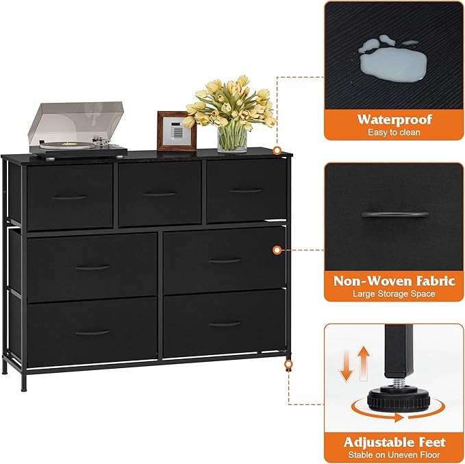 WelFurGeer 7-Drawer Fabric Dresser with Metal Frame, Dressers & Chests of Drawers, White Chest of Drawers for Bedroom, Hallway, Entryway, Closets, Kids Room Organization, Black