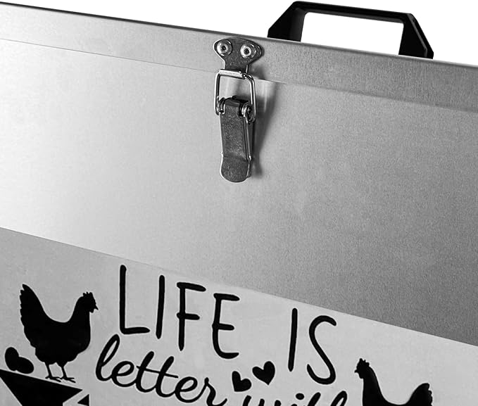 Automatic Chicken Feeder 95LB Large Capacity Poultry Feeders with 10 No Waste Feeding Ports Galvanized Metal Feeder Box with Adjustable Legs Locking Lid and Handles for Outdoor