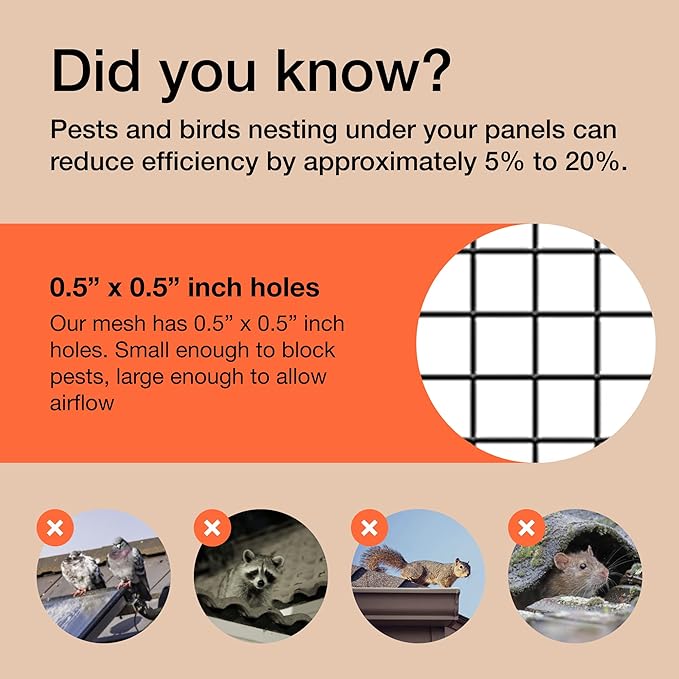 MaPorch Solar Panel Bird Guard Mesh Screen - 6 in x 120 ft Black PVC Coated Galvanized Steel - Solar Panel Netting Mesh - Includes 80 Clips, Scissors & Gloves for Easy DIY Install
