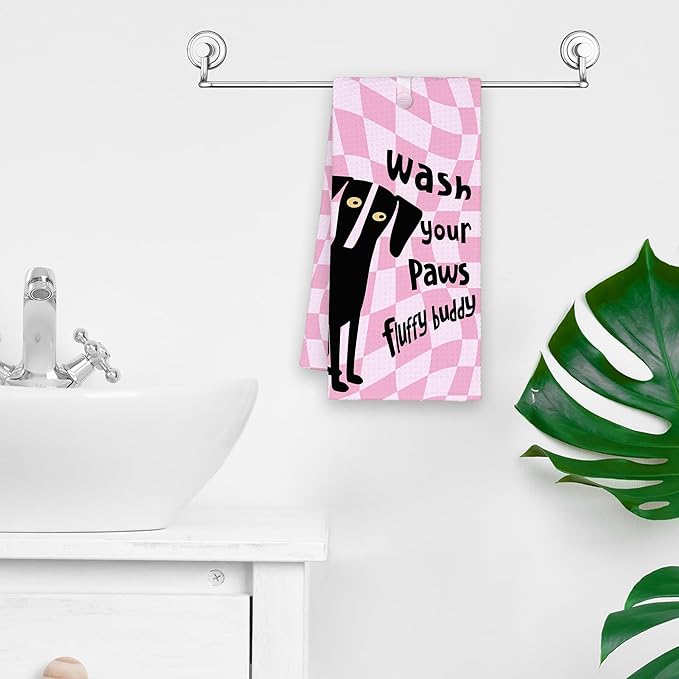 Pink Cute Dog Bathroom Kitchen Towels, Wash Your Paws Hand Towel for Bathroom, Funny Puppy Gifts for Dog Lovers, Trendy Preppy Checkered Dish Towels Decor for Dorm Girly Room 16x24in