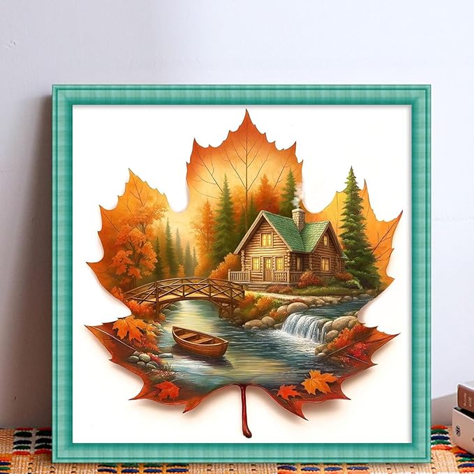 Maple Leaf Cabin Stamped Cross Stitch Kits for Adults Beginners - 45x45cm 11CT Pre-Printed Embroidery Needlepoint Starter Kit, DIY Craft Perfect for Fall Home Wall Decor, Thanksgiving Gift,
