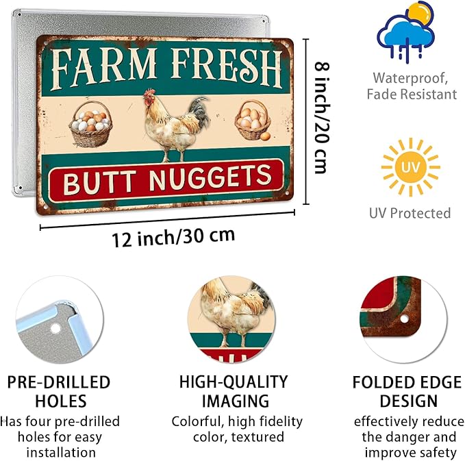 Farm Fresh Butt Nuggets Metal Tin Sign Funny Chicken Coop Sign For Farmhouse Coop Funny Outdoor Chicken Yard Wall Decor 8x12 Inch