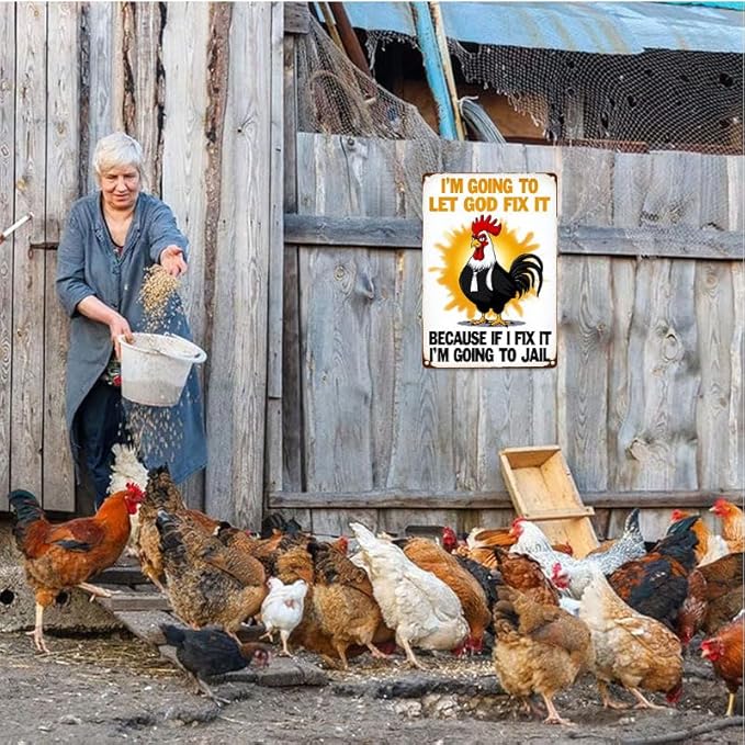 Funny Chicken Gifts Christian God Gifts I'm Going to Let God Fix It Tin Sign for Home Farm Chicken Coop Farmhouse Kitchen Garden Decor 6 X 8 Inch