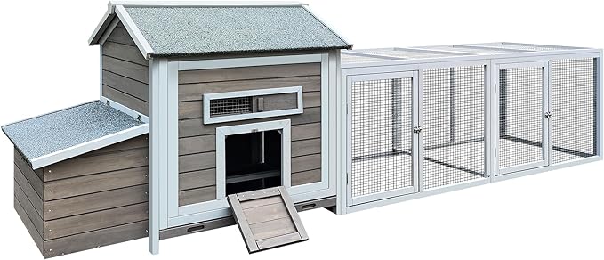 118'' Large Chicken Coop with Run, Wooden Duck Hen House for 3-5 Chickens, Outdoor Chicken Run Poultry Rabbit Cage with Nesting Box, Free-Range Door & Pull-On Tray Gray