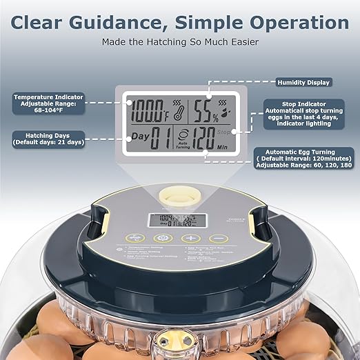 Incubators for Hatching Eggs, 18 Eggs Incubator with Egg Candler, Auto Egg Turner, Temp Control &Humidity Display, Hatch Day, Auto Water Refill, 2 Size Egg Tray, 360° Viewing for Chicken, Duck, Quail