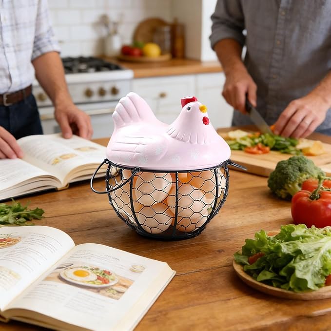 Egg Storage Organizer for Kitchen Countertop, Ceramic Chicken Lid with Wire Basket Dispenser, Black Chicken Egg Holder for Fresh Eggs, Rustics Egg Dispenser Rack for Farmhouse Decor (Pink)