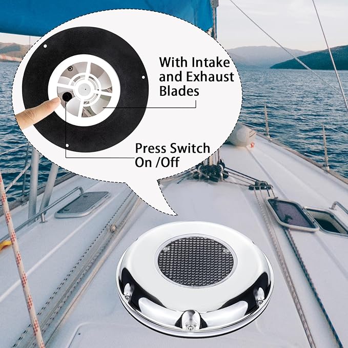 Solar Powered Ventilation Fan Exhaust Stainless Steel with Battery Switch for Marine Boat Waterproof 8.5 Inches