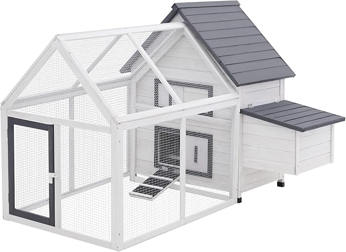PawHut 65" Chicken Coop Wooden with Detachable Run, Outdoor Chicken House Poultry Cage Hen with Nesting Box, Removable Tray, Roosting Bars, Ramp, for Garden Backyard, Gray