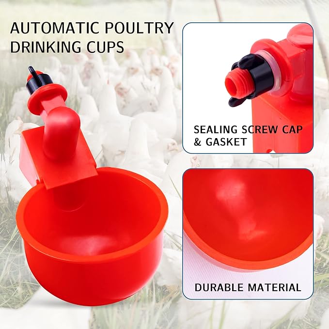 Pack 15 Chicken Waterer Cups,Chicken Feeder Cup for Chicken Duck Turkey Rabbit,3/8 Inch Thread Automatic Filling,Solution for Poultry Watering.