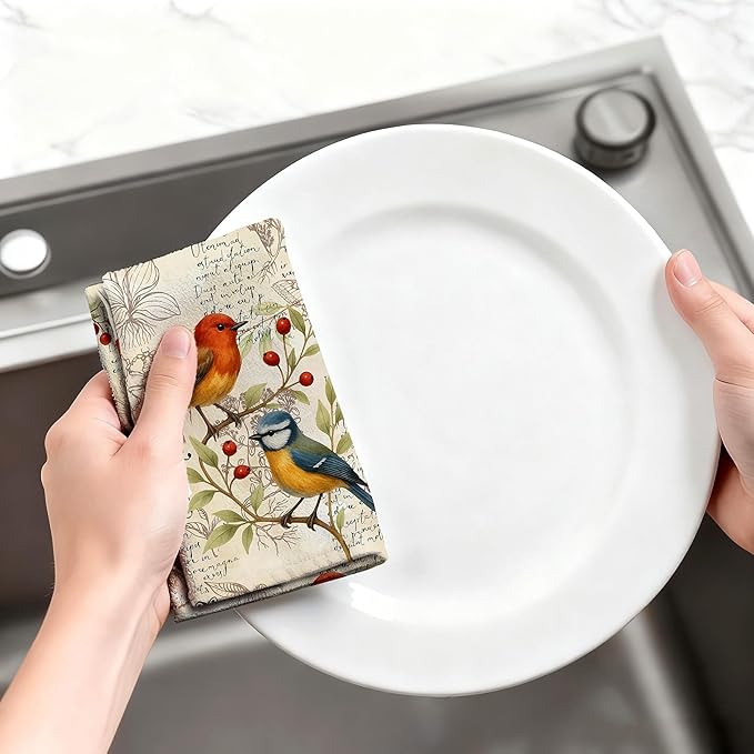 Vintage Birds Kitchen Towels, Retro Rustic Dish Towels for Kitchen Set of 4, Cute Birds Tea Towel Decor for Party Anniversary Holiday Decoration Housewarming Gifts