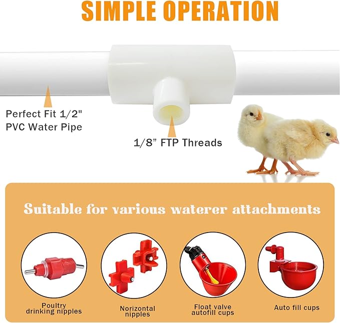 20 Pieces Chicken Waterer PVC Tee Fittings, Automatic Poultry Waterers PVC Fittings for 1/8" FTP Threads, Chicken Water Drinker and Feeder Cups for Poultry Nipples Chicken