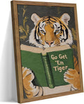 Framed Tiger Canvas Wall Art, Motivational Tigers Reading Poster Print, Humorous Bookworm Pictures Wall Decor, Vintage Go Get Em Tiger Painting for Office Library Bedroom Decor 16x24 inch