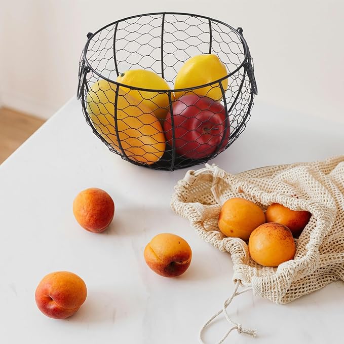 Farmhouse Rooster Egg Basket for Fresh Eggs, Black Metal Wire Egg Holder, Holds 25-35 Eggs, Rustic Kitchen Countertop Decor with Removable Lid & Handles - Bonus Set of 4 Silicone Egg Poachers