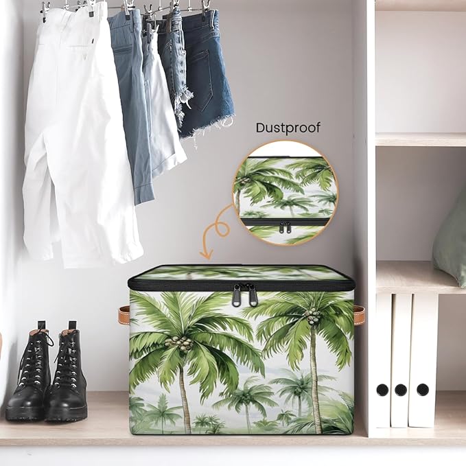 Palm Tree Storage Bins with Lids, Tropical Trees Fabric Storage Boxes with Zipper, Collapsible Decorative Closet Organizer Cube for Clothes, Organizing, Shelves