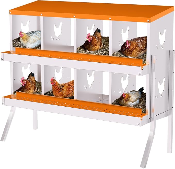 Chicken Nesting Boxes, 8-Hole Roll Away Nest Box for Chicken Coop, Metal Egg Laying Box with Perch & Lid Cover to Protect Eggs, Rollout Egg Collection, Vented Holes- with Legs Orange