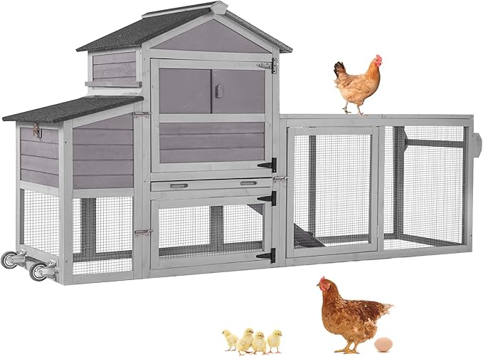 Aivituvin Mobile Chicken Coop with Wheels for 4-6 Chickens, Backyard Expandable Chicken House Duck Cage with Run, 2 Nesting Boxes, Easy Clean Pull-Out Tray, Leak-Resistant Asphalt Roof, 82.4"(Grey)