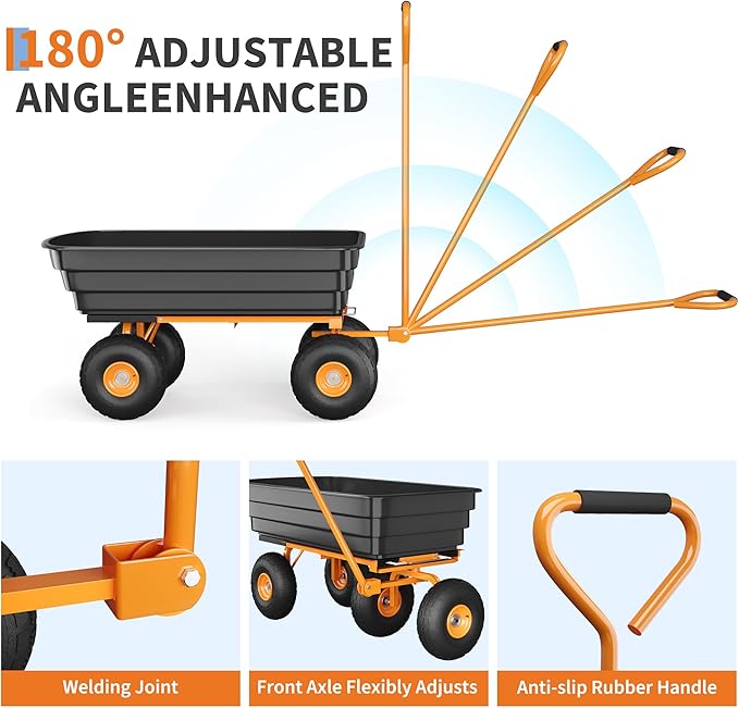 Heavy Duty Garden Dump Cart 1200 lbs, 6 Cu.Ft. Yard Wagon with Quick-Release Tipping, 13" All-Terrain Wheels, 4-Wheel Wheelbarrow for Outdoor Gardening, Farm – Black Bucket & Orange Iron Handle |