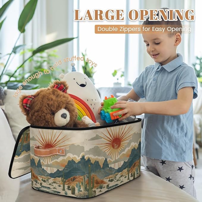 Cactus Storage Bins with Lids, Desert Sunset Fabric Storage Boxes with Zipper, Collapsible Decorative Closet Organizer Cube for Clothes, Organizing, Shelves
