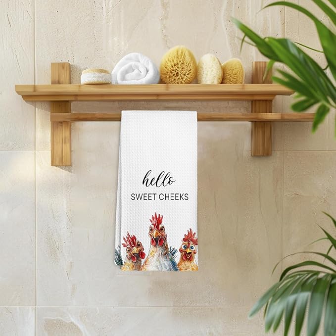 Funny Chicken Rooster Gifts Kitchen Towels and Dish Towel, Hello Sweet Cheeks Bathroom Decor, Rooster Decor Hand Towels, Chicken Decorative Dish Tea Hand Towel for Bathroom Kitchen, 16x24