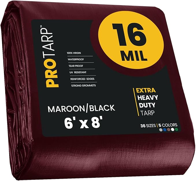 PROTARP Extra Heavy Duty 16 Mil Tarp Cover, Waterproof, UV Resistant, Rip and Tear Proof, Poly Tarpaulin with Reinforced Edges for Roof, Camping, Patio, Pool, Boat. (Maroon/Black 6′ X 8′)