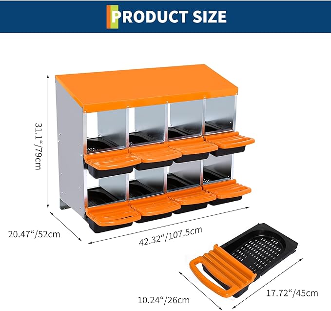 Chicken Nesting Box, 8 Compartment Roll Away Egg Laying Box for Hens, Wall Mounted & Freestanding (2 Modes of Use), Easy Egg Collection, Cleanable Pull Out Nesting Box, Org, NL