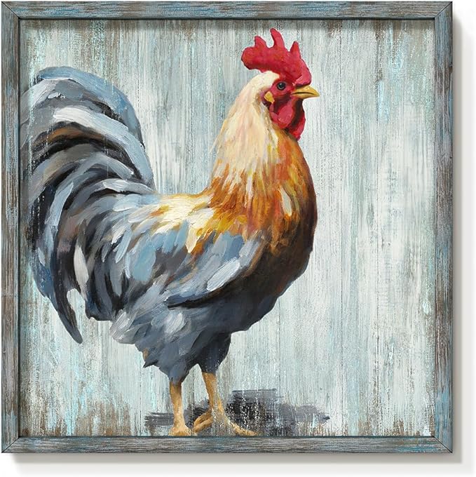 Rooster Wooden Wall Art Decor: Farm Cock Picture Country Animal Framed Artwork Rustic Farmhouse Chicken Painting is the Perfect Combination of Energy Nature for the Kitchen Bedroom 20"x20"