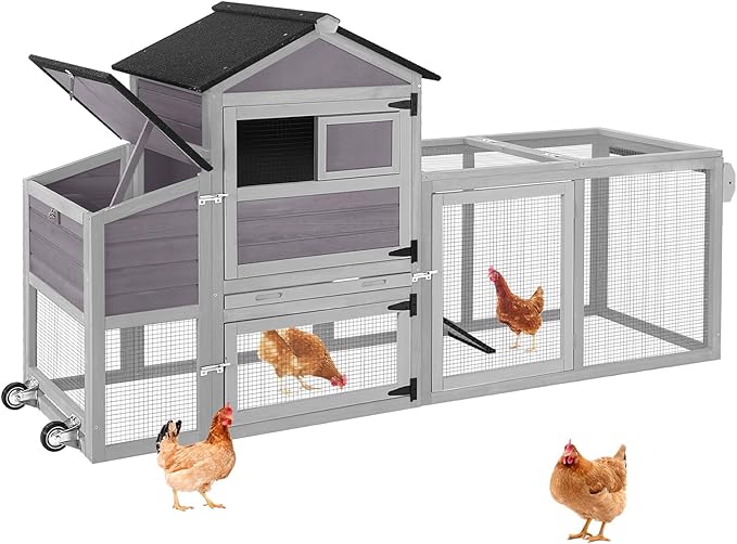Large Chicken Coop with Wheels, Wooden Hen House with Run & Nesting Box, for 3-5 Chickens, Waterproof Asphalt Roof, Ramp & Leakproof Tray, Expandable - Grey