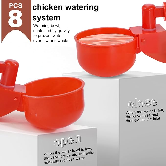 Automatic Chicken Watering System Including 8 Chicken Water Cups, 6 Meters Black Plastic Hose, Other Pipe Accessory, Float Valve Automatically dispenses Water, Making Poultry Feeding Easy