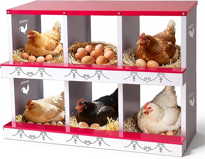 6 Hole Chicken Nesting Box for Laying Hens - Automatic Rollout Egg Collection, Heavy Duty Metal Nesting Boxes with Swing Perch for Chicken Coops, Secure & Easy Clean Poultry Nest Box