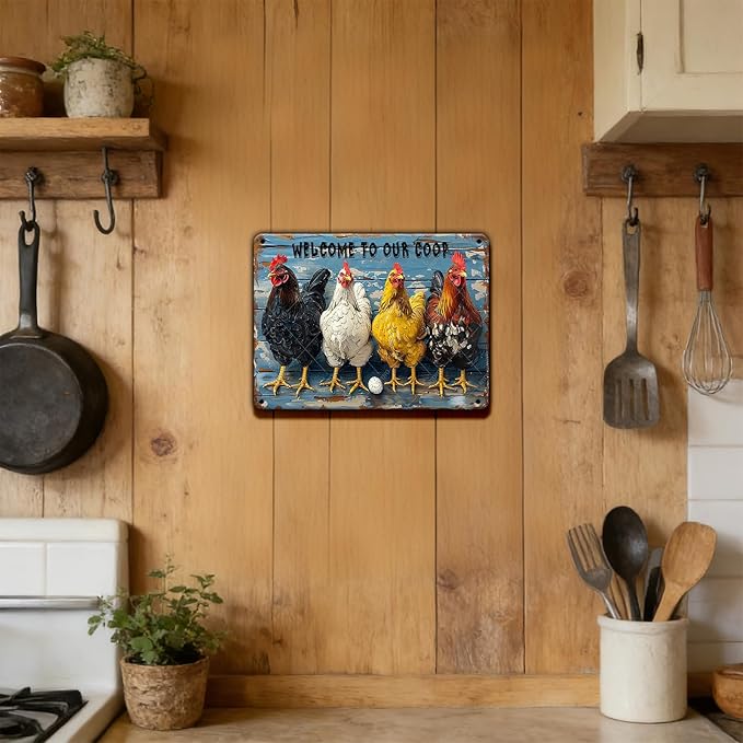 Chicken Coop Sign Welcome to Our Coop Vintage Metal Tin Sign for Chicken Accessories Indoor Outdoor Decor 12x8 Inch