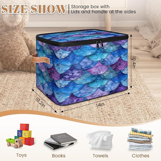Mermaid Scale Fish Scale Ocean Storage Bins With Lids Fabric Collapsible Storage Box with Leather Handles for Home Bedroom Foldable Closet Shelf Organizer