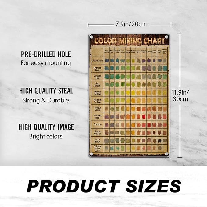 Colormixing Chart Metal Sign Vintage Wall Art For Classroom And Studio Watercolor Painting Reference Poster Home Decor Lovers 8 x 12 Inch Aluminum Kitchen Indoor Outdoor