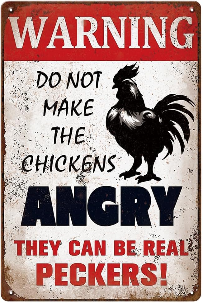 YOYI ART Funny Metal Warning Chicken Signs for Coop - Vintage Tin Sign for Chicken Coop, Outdoor, Kitchen, Farmhouse Wall Decor Art Accessories, Chicken Gifts for Women, 8 x 12 inch