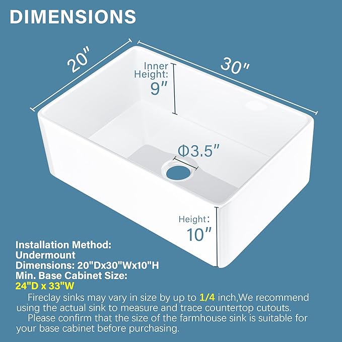 White Farmhouse Kitchen Sink 30 x 20 Inch, Firecaly Apron Front Undermount Farm Sink Deep Single Bowl for Kitchen, w Custom Accessories 2 Types