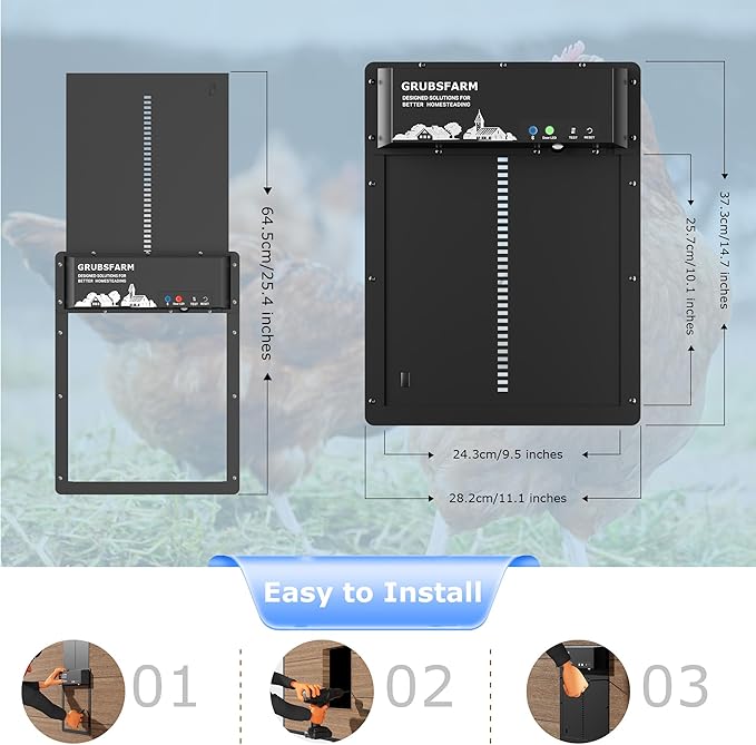 Automatic Chicken Coop Door - Programmable with App Timer, Solar/Battery/Grid Powered, Multi Anti-Pinch - Resistance Detection & Motion Sensor, Plug & Play Electric Door, Weatherproof