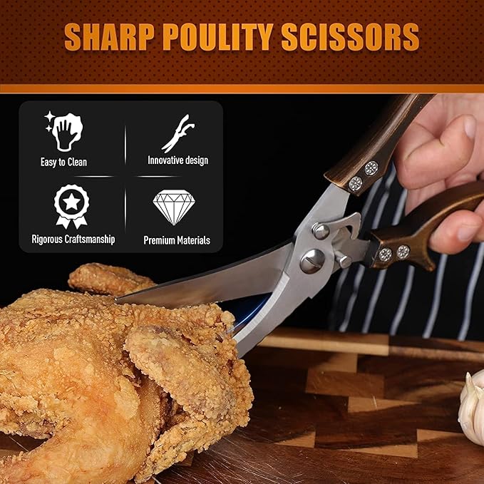 Poultry Shears, Heavy Duty Kitchen Shears with Serrated Edge, No Rust Spring Loaded, Multipurpose Stainless Steel Kitchen Scissors for Chicken, Bone, Meat, Turkey, Fish Thanksgiving Christmas Gifts