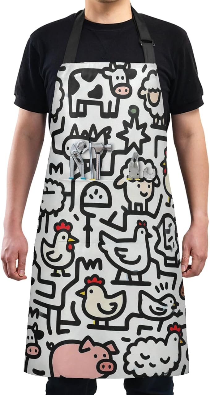 Farm Animal Print Daily Life Apron, Adjustable with 2 Pockets, Water-Splash Resistant, Stain-Resistant, Cooking Kitchen Chef Apron, Suitable for Men and Women,34.6 x 26.7 inches
