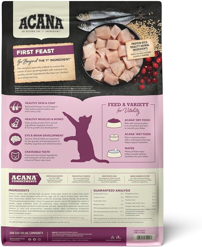 ACANA Dry Cat Food For Kittens First Feast Chicken and Fish 4lb Bag