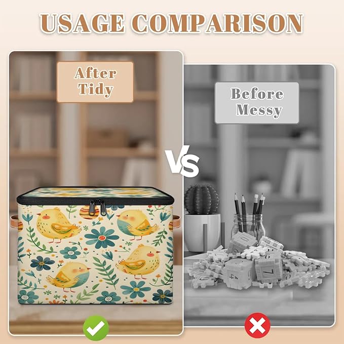Storage Cubes with Lid Fabric Storage Bins Boxes PU Leather Handles, Farmhouse Chicken Closet Organizer Container Foldable Washable Shelf Cloth Basket, Vintage Farm Chicken