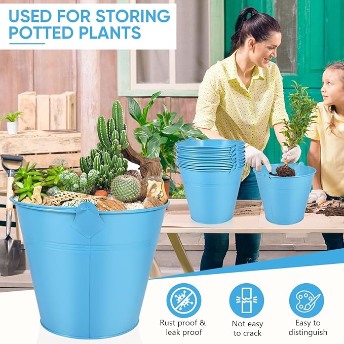 OBTANIM 7 Pack Blue Metal Buckets with Handle Galvanized Ice Pails for Plants, Succulents, Party Favors Organizing, Rustic Home Decor or Classrooms Pencil Storage (9.1 x 6.7 inch)