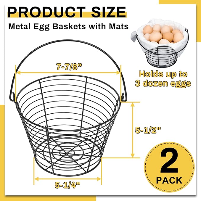 2 Pcs Metal Egg Basket with Soft Pads, 8 Inch Wire Egg Basket for Gathering Fresh Eggs, Eggs Collecting Baskets for Chicken Duck Goose