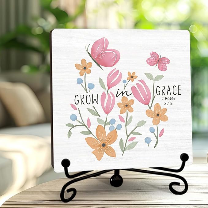 Religious Gifts for Women, 5 Inch Wildflower Bible Verse Decor, Inspirational Wooden Plaques for Home Office Sign, Grow In Grace Sign - A14