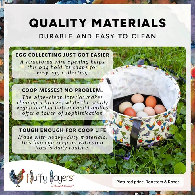 Fluffy Layers by RentACoop Egg Collecting Bag – Durable Coated Canvas and Easy-to-Clean Bottom & Handles – Reusable Farm Egg Basket (Roosters and Roses)