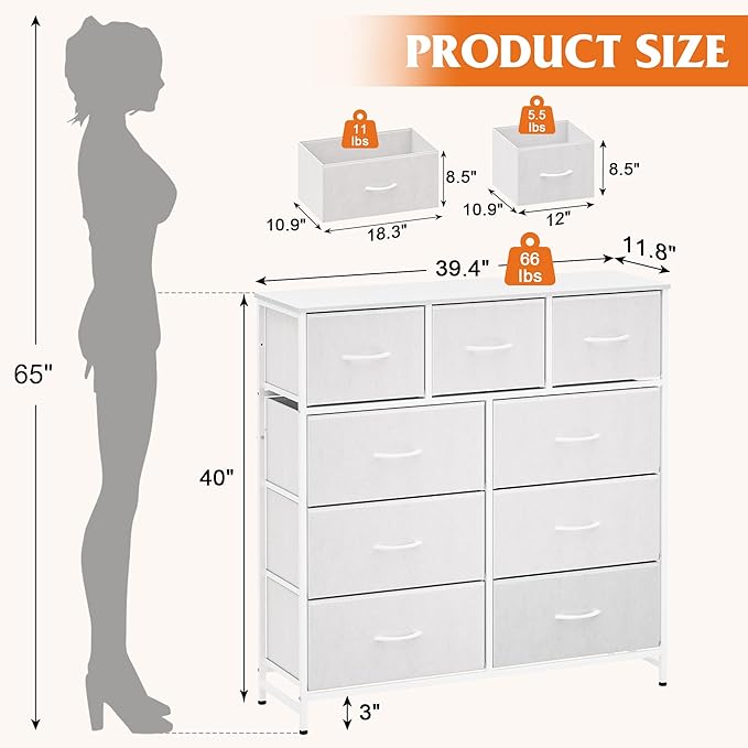 WelFurGeer 9-Drawer Dressers with Sturdy Metal Frame - Tall Chest Organizer Unit with Fabric Bins, Storage Chest of Drawers for Bedroom, Living Room, Hallway, Entryway, Closet, White