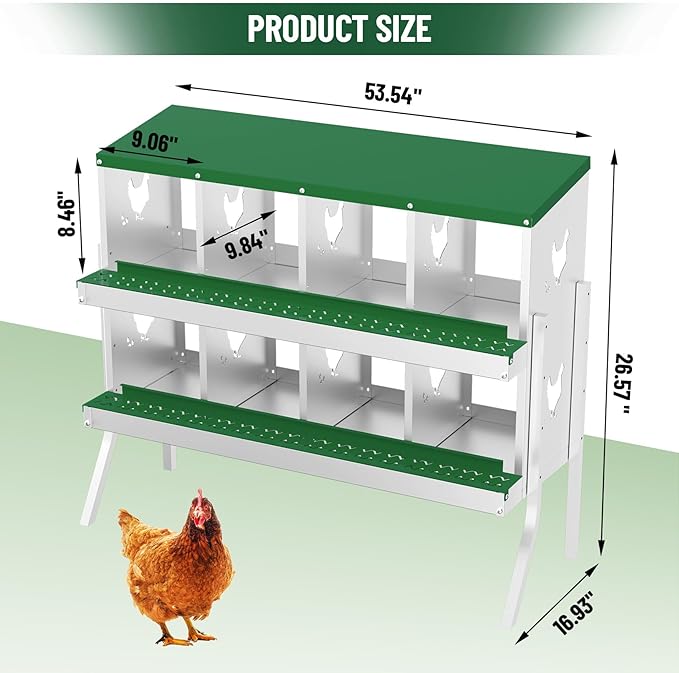 Chicken Nesting Boxes,8 Compartments Galvanized Steel Metal Laying Boxes with Leg,Pull-Out Egg Box Easy Egg Collection & Clean,Wall Mount Suitable for Farm Chicken House,Green