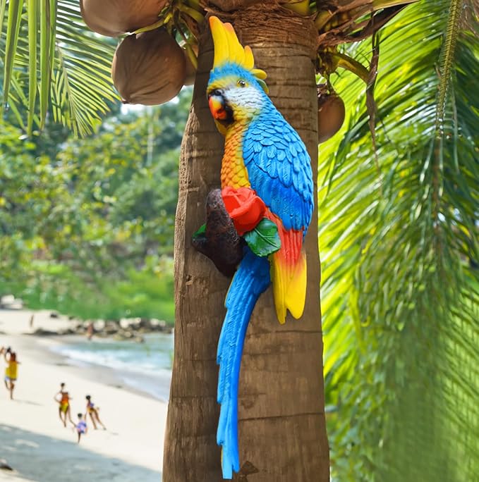 Tropical Hanging Parrot Decor,Resin Bird Figurines,Real Bird Statues,Home Ornament Decor for Tiki Bar,Perfect for Yard Ornaments,Tree Decorations Outdoor,Patio,Lawn,Tree Trunk, Porch