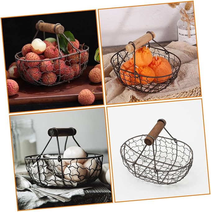 2pcs Small Iron Storage Basket with Wooden Handle, Farmhouse Style Metal Fruit and Egg Holder for Kitchen Countertop Organization, Vintage Rustic Wire Basket for Bread and Pantry